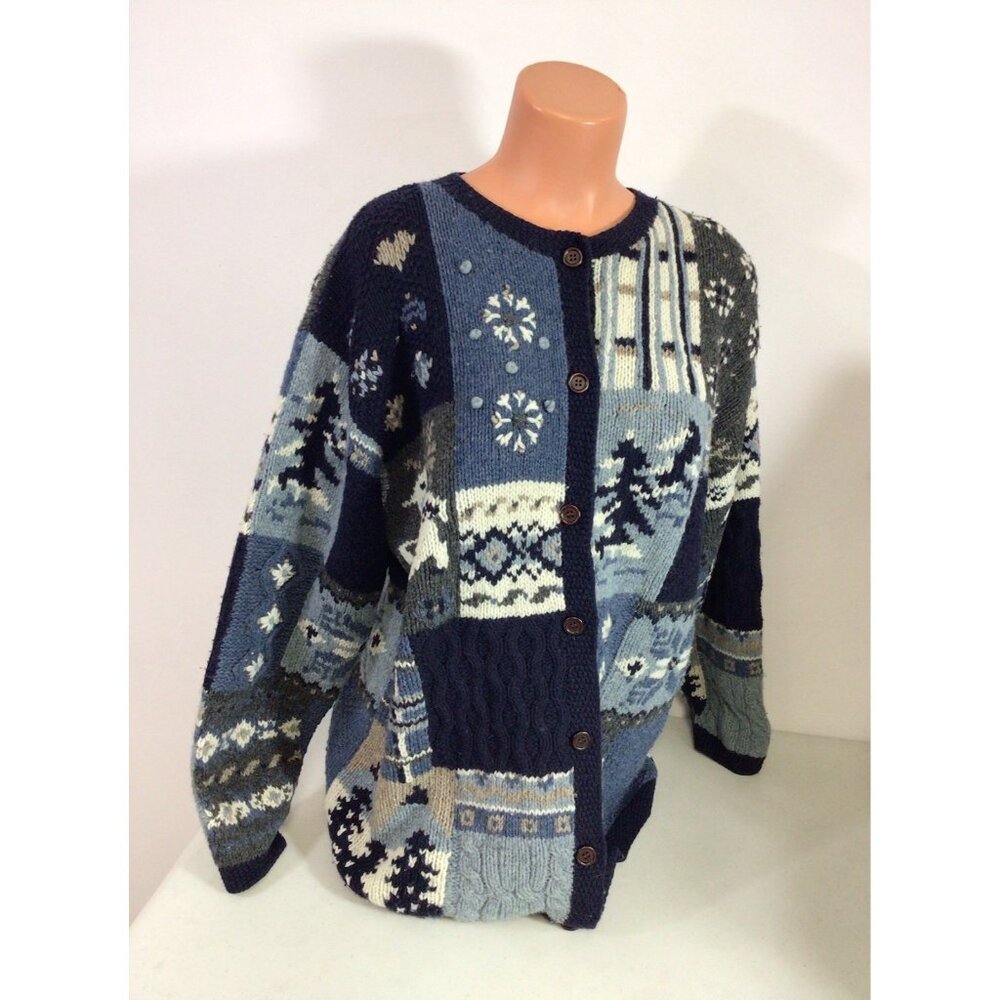 Vintage Nordic Print Cardigan Sweater Cashmere Wool Womens Large